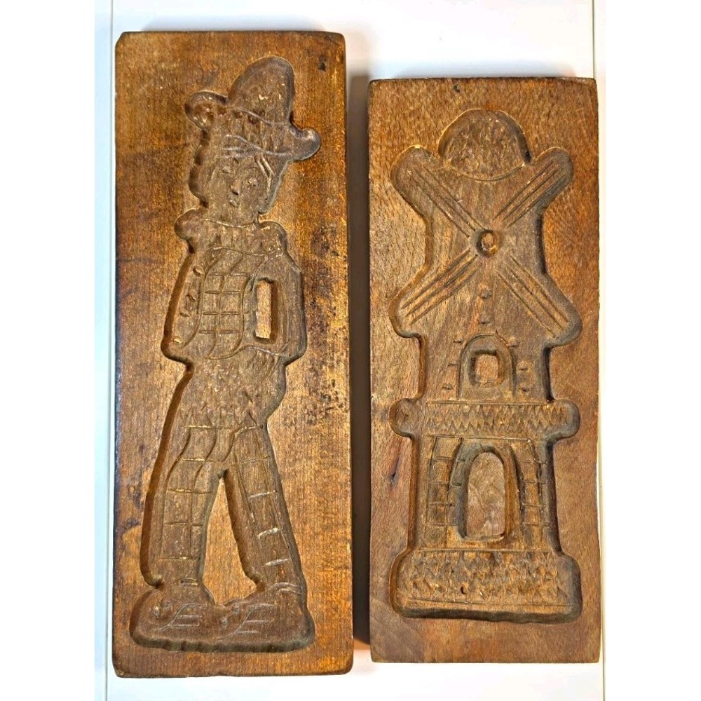Vintage Hand Carved Wooden Speculaas Cookie Molds-Set of 2 Windmill & Dutch Boy